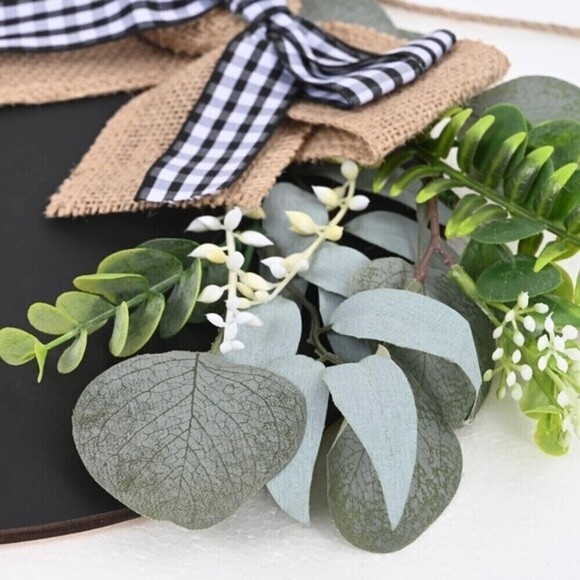 Welcome Wood sign Eucalyptus Farmhouse Wreath Rustic Buffalo Bow Front Porch. - Picture 3 of 9